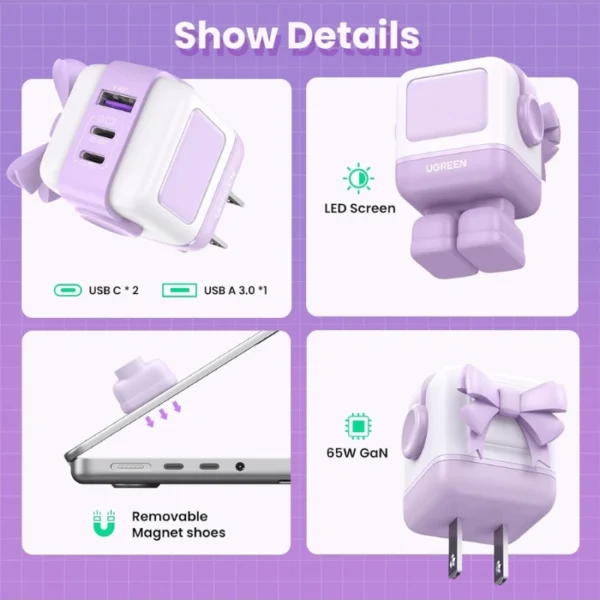 UGREEN Uno 65W Purple  — Cargador de 3 puertos GaN, carga rápida, 2 puertos USB-C, 1 puerto USB-A, lila - Imagen 3