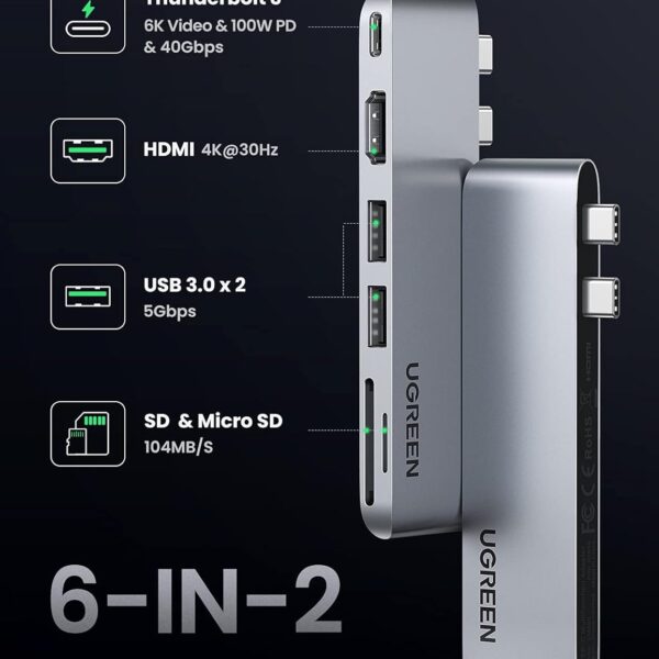 UGREEN CM380 — Hub Multifuncional USB-C, 2 puertos USB 3.0, 1 puerto HDMI RTO para tarjetas SD/TF, para MacBook Pro y MacBook Air, plateado | 80856 - Imagen 7