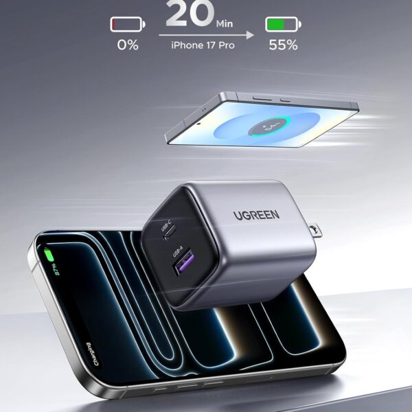 UGREEN Nexode S 35W X507 —  Cargador de pared, 1 puerto USB-A, 1 puerto USB-C, carga rápida, gris | 45222 - Imagen 3