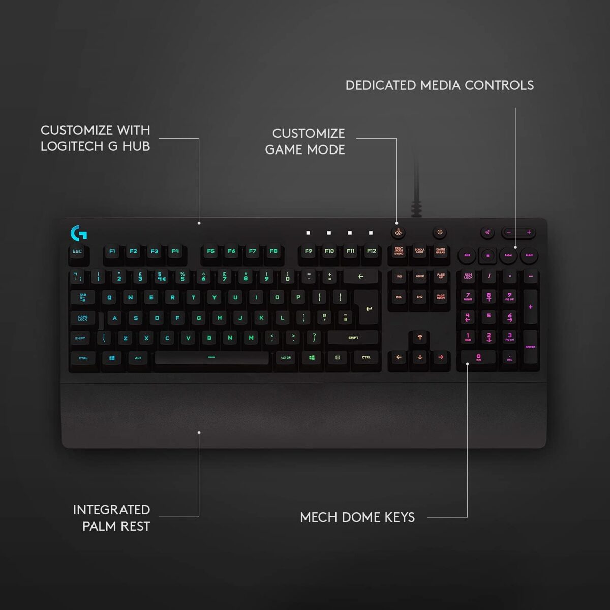 61dAFDD05RL._AC_SL1500_ Logitech G213 Prodigy RGB — Teclado Membrana, con cable, inglés - Imagen 5