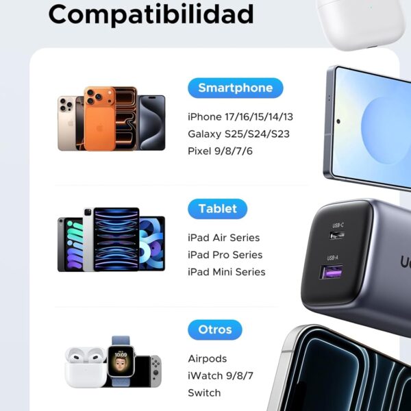 UGREEN Nexode S 35W X507 —  Cargador de pared, 1 puerto USB-A, 1 puerto USB-C, carga rápida, gris | 45222 - Imagen 4