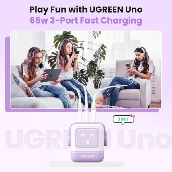 UGREEN Uno 65W Purple  — Cargador de 3 puertos GaN, carga rápida, 2 puertos USB-C, 1 puerto USB-A, lila - Imagen 5
