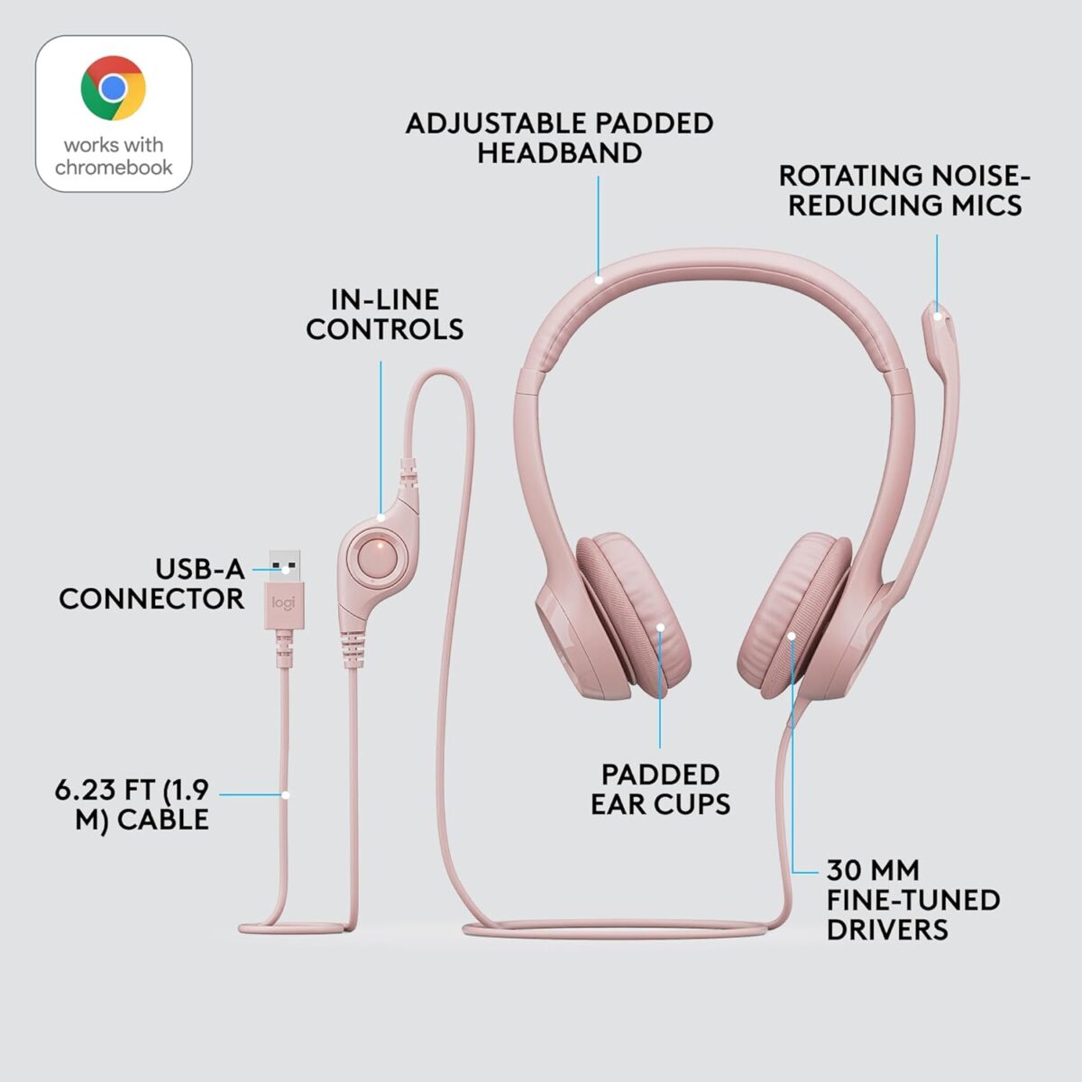 Logitech H390 Pebble Rose — Audífono con cable, 1.9m, USB, para conferencias, micrófono, rosa - Imagen 2