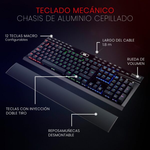 Redragon Yama K550 Black — Teclado mecánico, con cable, RGB, USB, español - Imagen 6