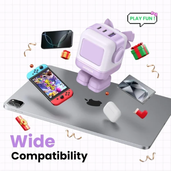 UGREEN Uno 65W Purple  — Cargador de 3 puertos GaN, carga rápida, 2 puertos USB-C, 1 puerto USB-A, lila - Imagen 9