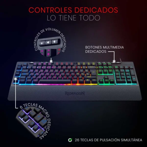 Redragon Shiva K512 Black — Teclado membrana, con cable, Full-Size, Negro, Español - Imagen 3