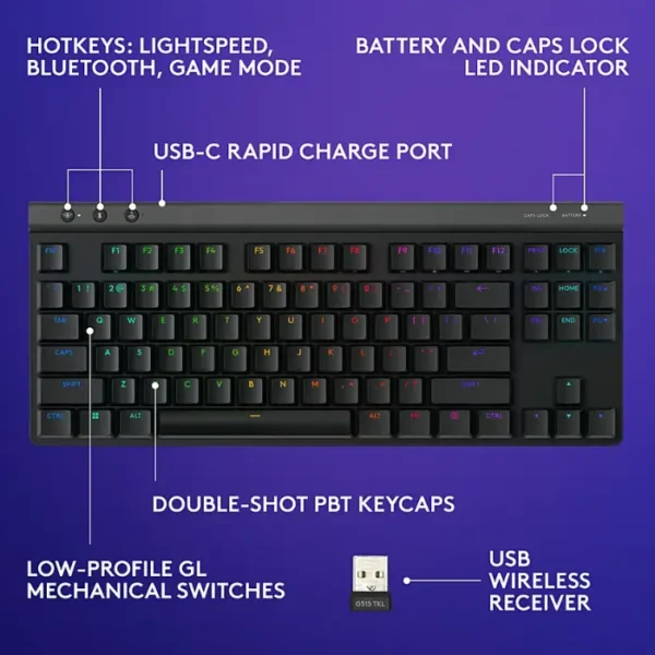 Logitech G515 LIGHTSPEED TKL Black — Teclado mecánico, inalámbrico, táctil, inglés - Imagen 5