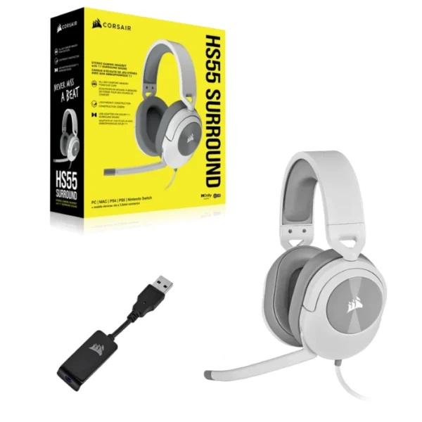 CORSAIR HS55 SURROUND White — Audífonos, 7.1, con cable, 3.5mm, adaptador USB, blanco - Imagen 3
