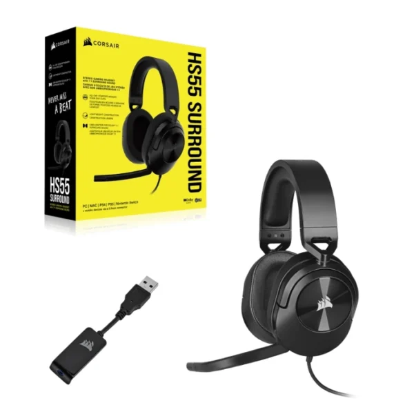 CORSAIR HS55 SURROUND Carbon — Audífonos, 7.1, con cable, 3.5mm, adaptador USB, negro - Imagen 7