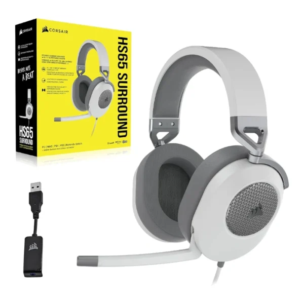 CORSAIR HS65 SURROUND White — Audífonos, 7.1, con cable, 3.5mm, adaptador USB, blanco - Imagen 3
