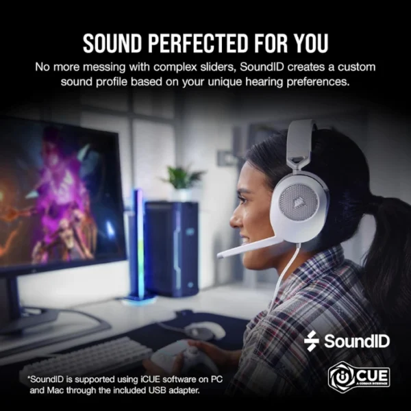 CORSAIR HS65 SURROUND White — Audífonos, 7.1, con cable, 3.5mm, adaptador USB, blanco - Imagen 5