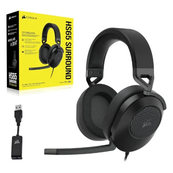 CORSAIR HS65 SURROUND Carbon — Audífonos, 7.1, con cable, 3.5mm, adaptador USB, negro - Imagen 3