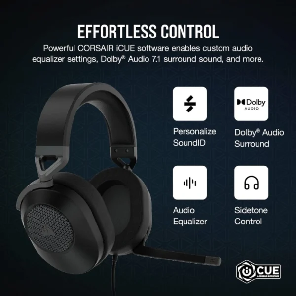 CORSAIR HS65 SURROUND Carbon — Audífonos, 7.1, con cable, 3.5mm, adaptador USB, negro - Imagen 8