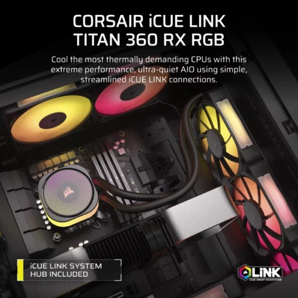 CORSAIR iCUE Link Titan 360 RX RGB Black — Enfriamiento Líquido AiO 360mm, Cap Swap, socket LGA1851/1700-AM5/AM4, incluye iCUE Link System Hub, negro - Imagen 2
