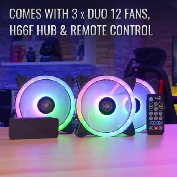 AeroCool Duo 12 Pro — Kit de 3 Fans 120mm, Hub H66F, Control remoto - Imagen 3