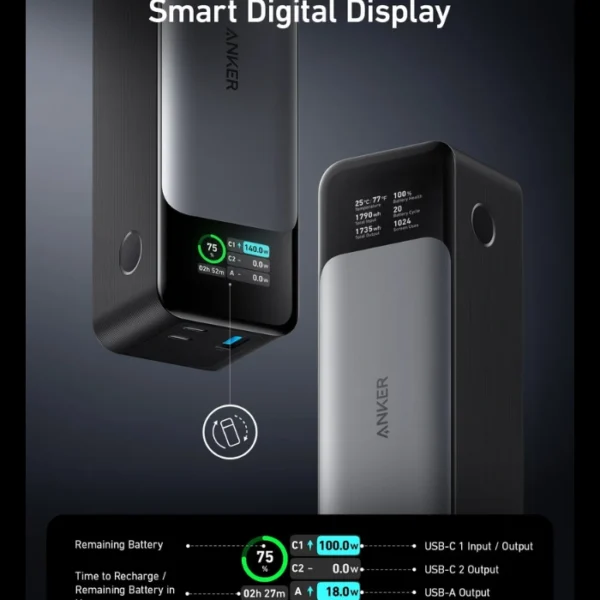 ANKER 737 Power Bank — Cargador portátil, 3 puertos, 24 000 mAh, carga rápida de 140 W, pantalla inteligente - Imagen 2