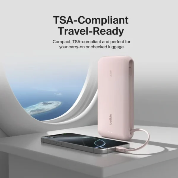 Belkin Power Bank 20K Pink — Cargador portátil, hasta 30W, cable USC-C integrado, rosa - Imagen 2