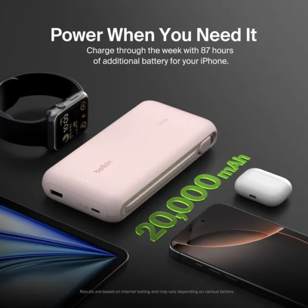 Belkin Power Bank 20K Pink — Cargador portátil, hasta 30W, cable USC-C integrado, rosa - Imagen 5