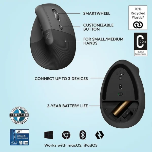 Logitech Lift Vertical Graphite — Mouse Inalámbrico, USB-A, 1000DPI, Grafito - Imagen 7