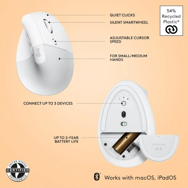 Logitech Lift Vertical White — Mouse Inalámbrico, USB-A, 1000DPI, Blanco - Imagen 6