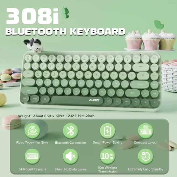 Ajazz 308i Milky Meow — Teclado inalámbrico, Bluetooth, retro, incluye gato magnético, verde gradiente - Imagen 2