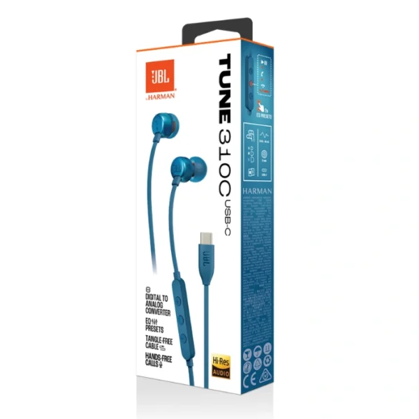 JBL Tune 310C USB Blue — Auriculares intraaurales compatibles con audio de alta resolución y sonido JBL Pure Bass, conectividad USB—C, 3 botones, micrófono y control de preajustes EQ, azul - Imagen 2