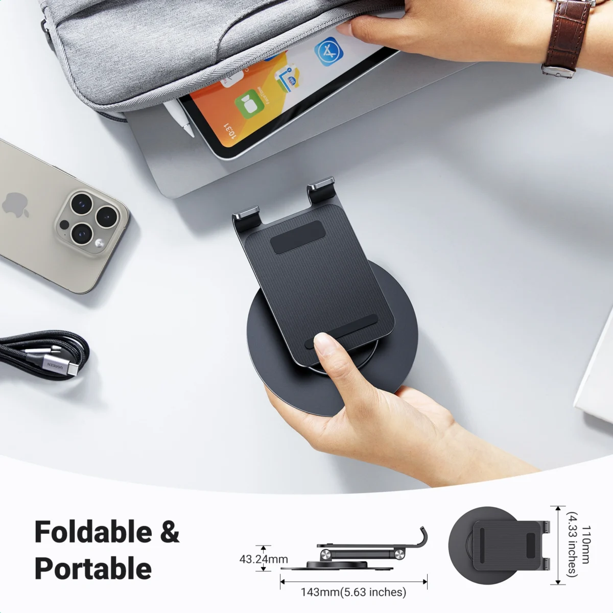 UGREEN LP805 — Soporte para Celular, compatible con dispositivos de hasta 9.7", capacidad 500G, plegable, negro | 35152 - Imagen 3