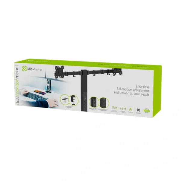 KlipXtreme KMM-510 — Soporte para dos monitores hasta 32" con regleta integrada y puertos USB - Imagen 2