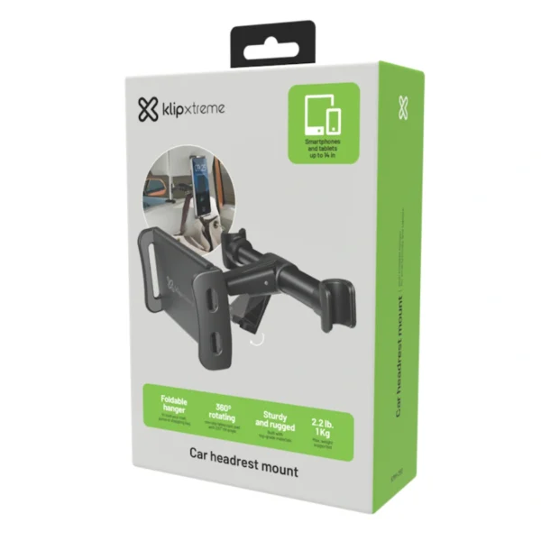 KlipXtreme KMH-250 — Soporte de pantalla hasta 14" | Para reposacabezas de auto | Gancho colgador integrado - Imagen 2
