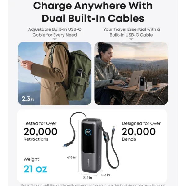 Anker Laptop Power Bank Silver — Batería externa 25,000 mAh | 165W | Cables integrados USB-C | Pantalla inteligente | Plata - Imagen 7