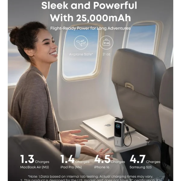 Anker Laptop Power Bank Silver — Batería externa 25,000 mAh | 165W | Cables integrados USB-C | Pantalla inteligente | Plata - Imagen 6