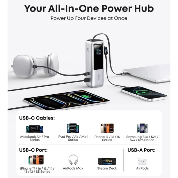 Anker Laptop Power Bank Silver — Batería externa 25,000 mAh | 165W | Cables integrados USB-C | Pantalla inteligente | Plata - Imagen 3