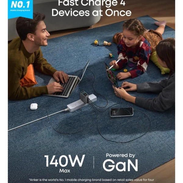 Anker Charger 140W Dark Gray — Cargador 140W | 4 Puertos | PD 3.1 | Cable USB-C | Negro - Imagen 3