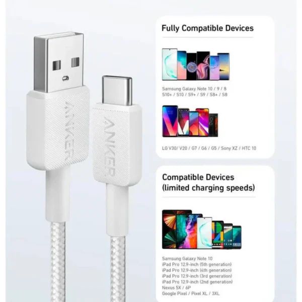 Anker 322 PowerLine USB-A a USB-C — Cable trenzado 1.8 metros / 6 pies, Blanco - Imagen 2