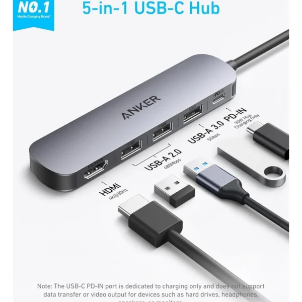 Anker USB-C Hub 5 en 1 — 1 HDMI hasta 4K a 30 Hz | USB-C (PD) | 1 x USB-A 3.0 | 2 x USB-A 2.0 - Imagen 2