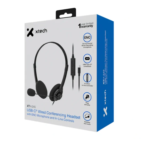 Xtech XTH-245 Audífonos con cable USB-C para conferencias, con micrófono ENC y controles en línea - Imagen 2