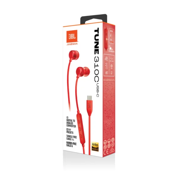 JBL Tune 310C - Auriculares alámbricos, USB-C, 3 botones - Rojo - Imagen 2