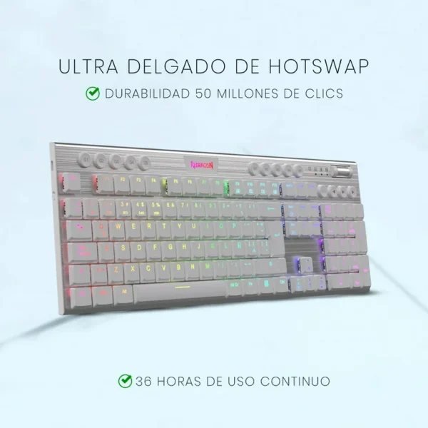Redragon K618 Horus FS White — Teclado mecánico, inalámbrico, Bluetooth, RGB, Blanco, español - Imagen 3