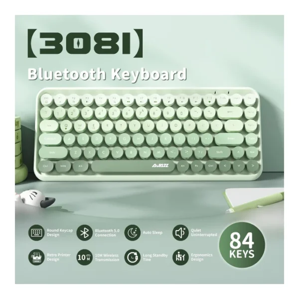Ajazz 308i Milky Meow — Teclado inalámbrico 60%, Bluetooth, retro, incluye gato magnético - Verde - Imagen 9
