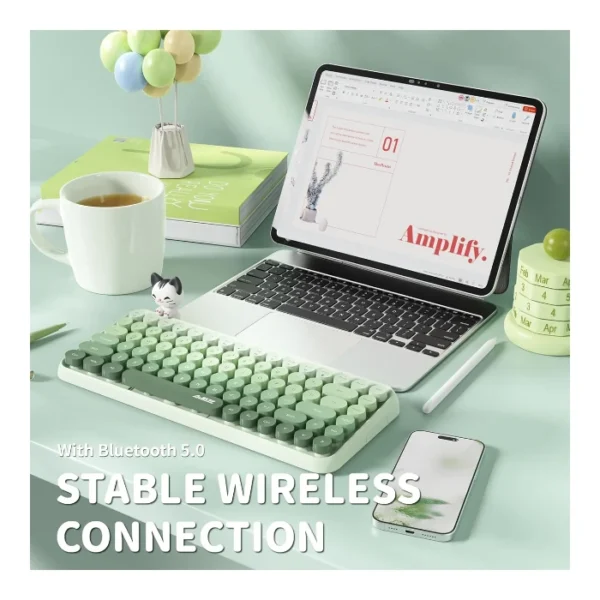 Ajazz 308i Milky Meow — Teclado inalámbrico 60%, Bluetooth, retro, incluye gato magnético - Verde - Imagen 3