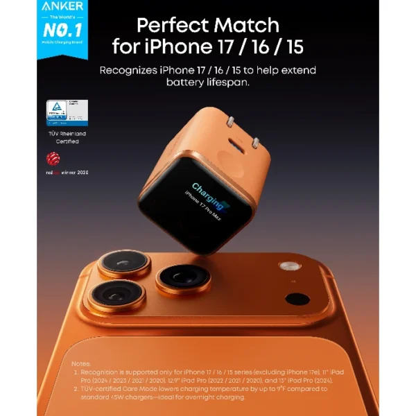 Anker Nano Charger — Cargador 45W | Smart Display | 180° Foldable | Naranja - Imagen 2