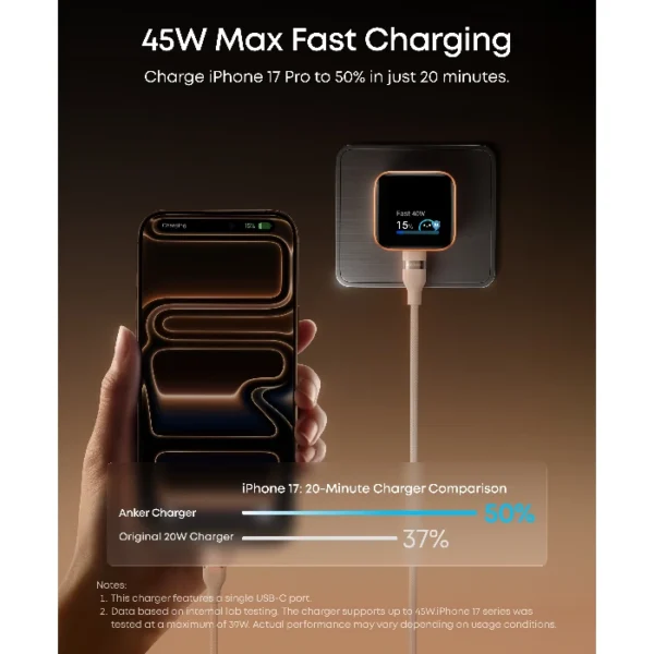 Anker Nano Charger — Cargador 45W | Smart Display | 180° Foldable | Naranja - Imagen 3