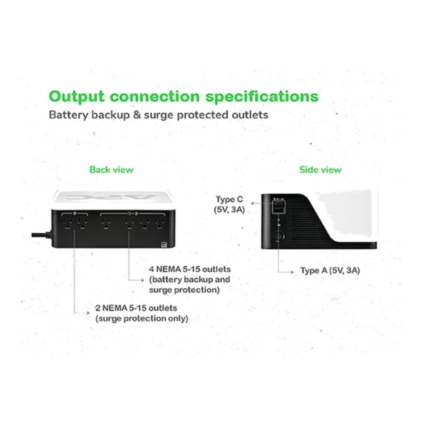 APC Back-UPS BE500G3 500 VA, 300 W, 120 V, 6x NEMA 5-15R outlets, puertos USB Tipo A + C, batería no reemplazable - Imagen 3