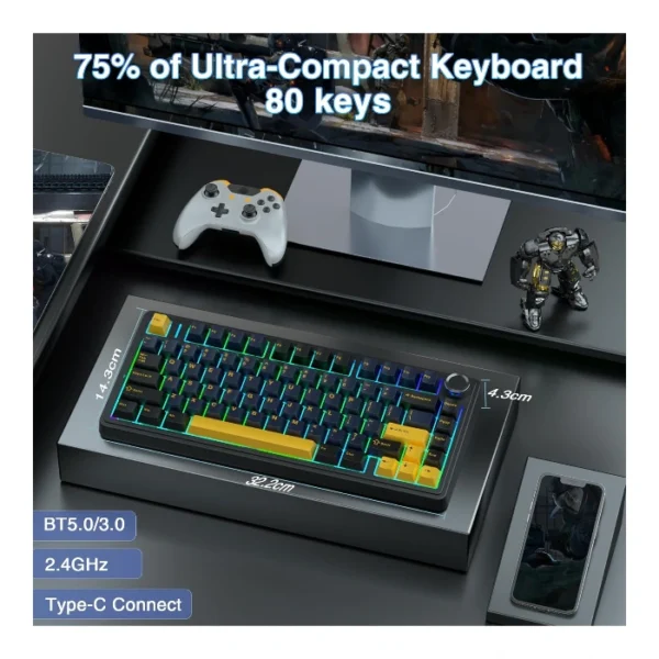 AULA Combo Coal — Teclado mecánico inalámbrico 75%, Hot Swappable Creamy + Ratón Inalámbrico 12000 DPI | Tri-Modo 2.4G/BT5.0/USB-C, Negro - Imagen 2