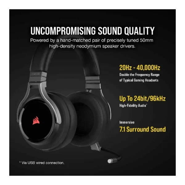 Corsair VIRTUOSO RGB Wireless — Audífonos inalámbricos, 3 conexiones, sonido 7.1, RGB - Negro - Imagen 4
