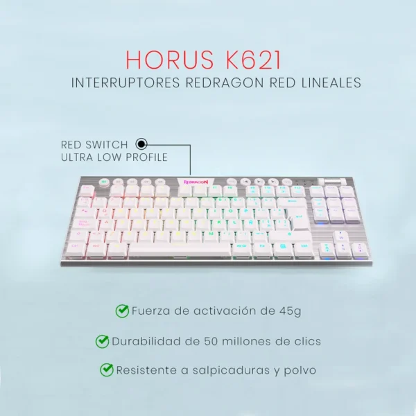 Redragon K621 Horus TKL White — Teclado mecánico, inalámbrico, Bluetooth, RGB, blanco, español - Imagen 5