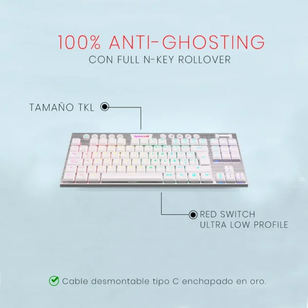 Redragon K621 Horus TKL White — Teclado mecánico, inalámbrico, Bluetooth, RGB, blanco, español - Imagen 7