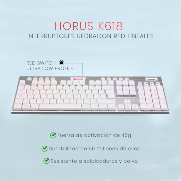 Redragon K618 Horus FS White — Teclado mecánico, inalámbrico, Bluetooth, RGB, Blanco, español - Imagen 4
