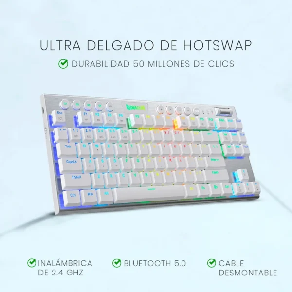 Redragon K621 Horus TKL White — Teclado mecánico, inalámbrico, Bluetooth, RGB, blanco, español - Imagen 4