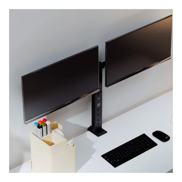KlipXtreme KMM-510 — Soporte para dos monitores hasta 32" con regleta integrada y puertos USB - Imagen 3